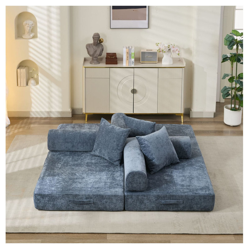  Comfy Convertible Folding Mattress Couch, Blue Chenille Floor Sofa Bed with Armrest, Floor Sofa Lounge Couch for Living Room Bedroom Lounge Studio