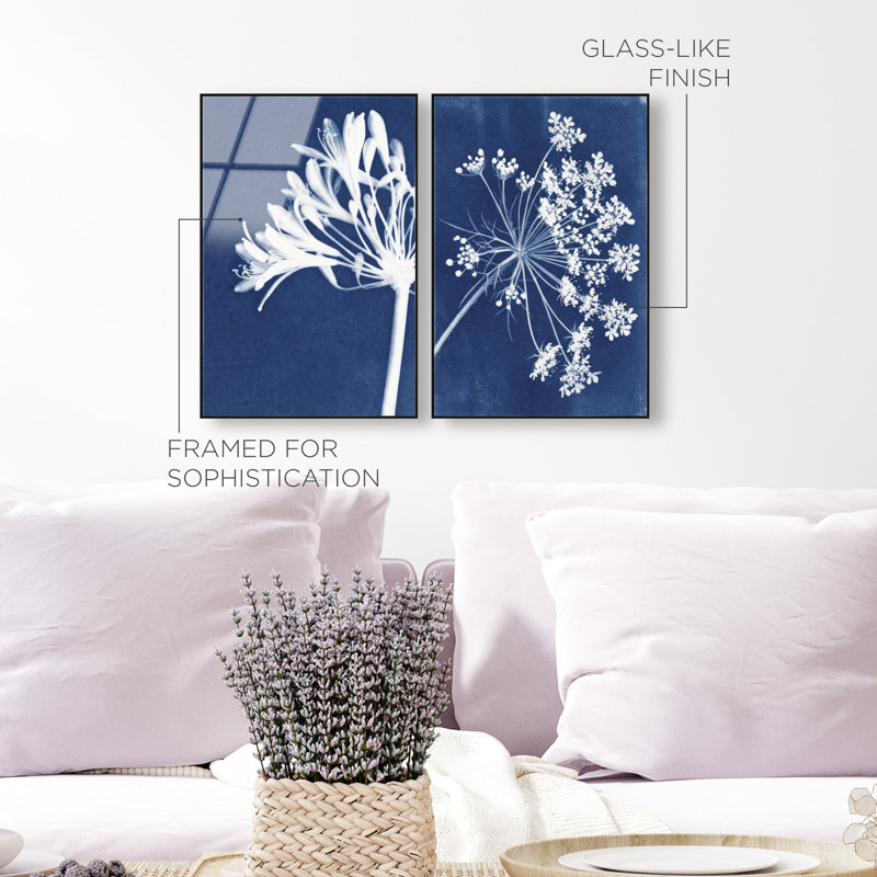 Cyan Flowers Set High-Gloss Frameless Acrylic Glass Wall Art Floral & Botanical Print by Oliver Gal, Ready to Hang, 10 x 15