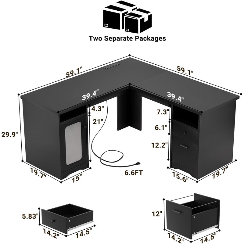 Detcho 60'' L Shaped Executive Desk with Drawers and Power Outlets, Black