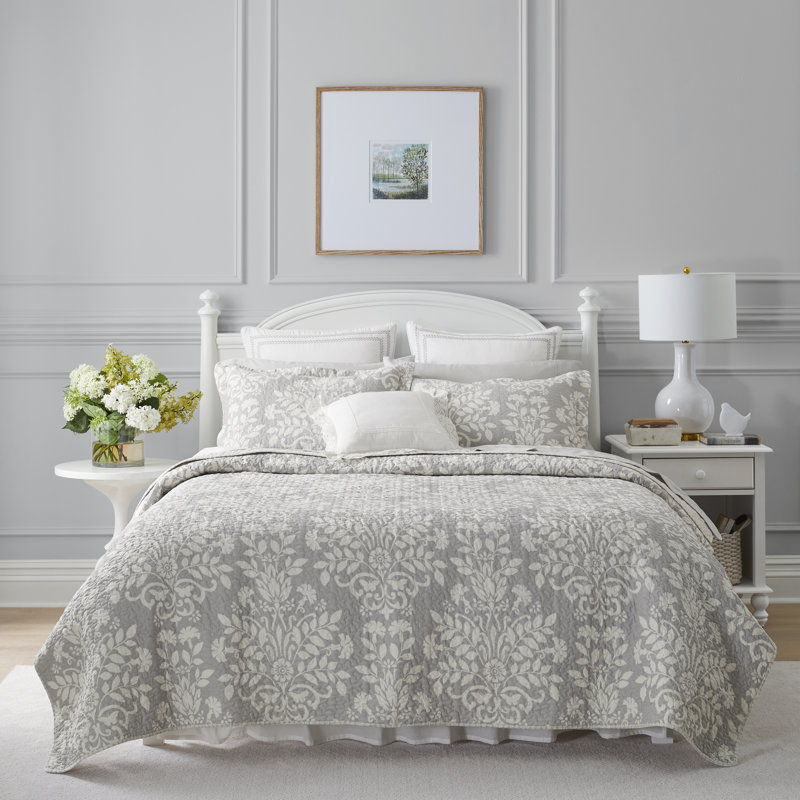Laura Ashley Rowland Cotton Reversible Quilt Set, Twin Coverlet + 1 Standard Sham, White/Gray