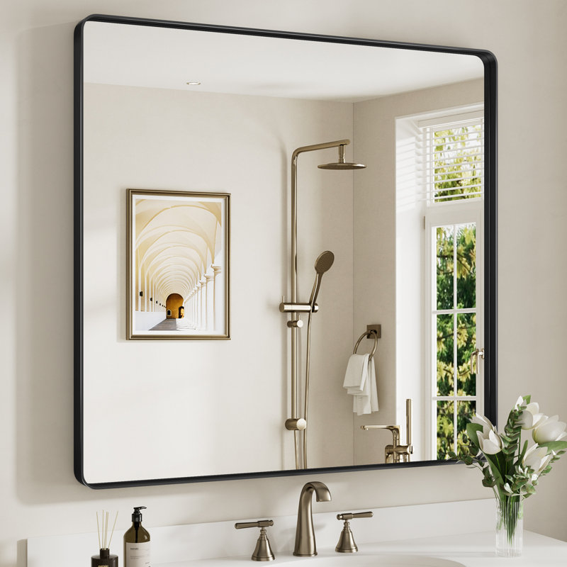 Miroir de salle de bain mural Llesenia, 38 po x 40 po, Noir mat, Rectangulaire