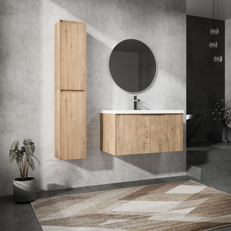 Élégant meuble-lavabo de salle de bain 36 po avec lavabo et compartiment latéral - fini imitation chêne avec rangement pratique