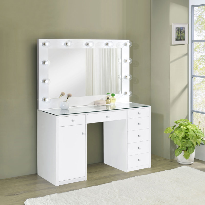 Luxury Build - Witte 7-Drawer Vanity Set With Lighting Black High Gloss, White