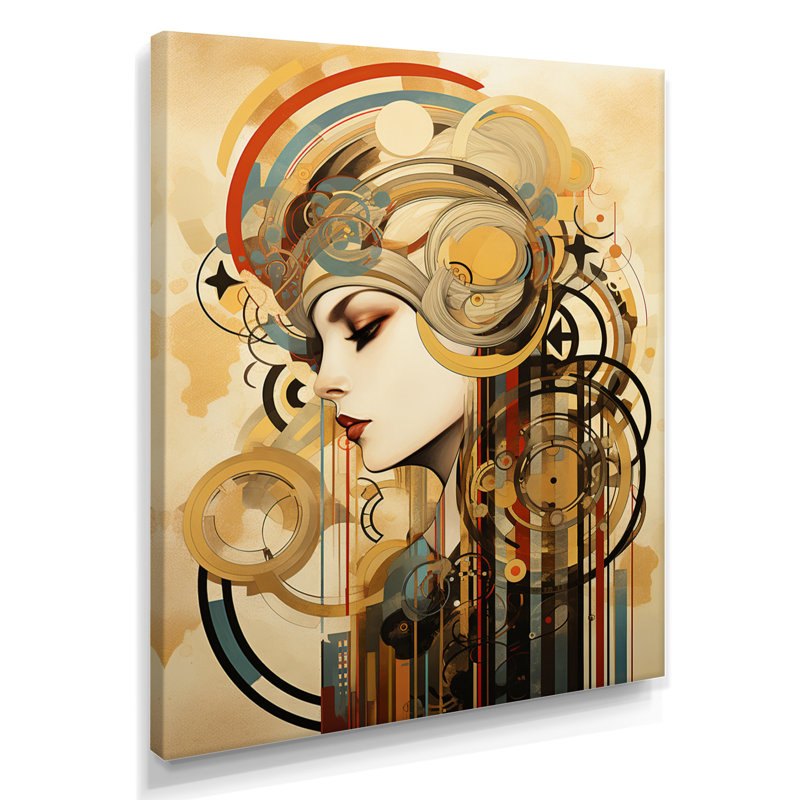 Portrait géométrique géométrique de femme Art déco, Toile tendue, H 40 po x l 30 po