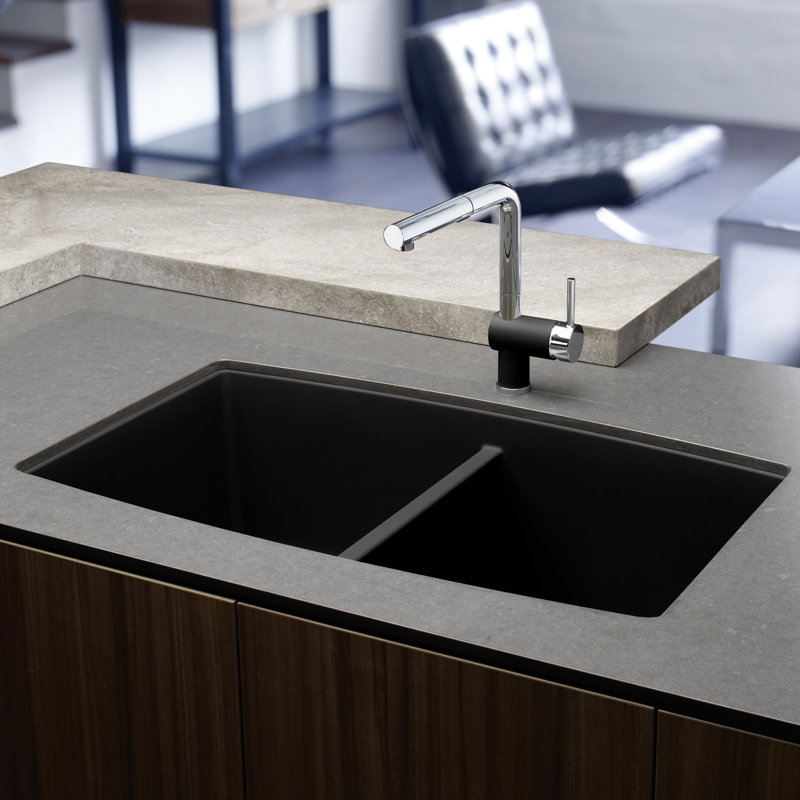 Performa Silgranit 33" L x 20" W Double Bowl Granite Composite Undermount Kitchen Sink, Metallic Gray