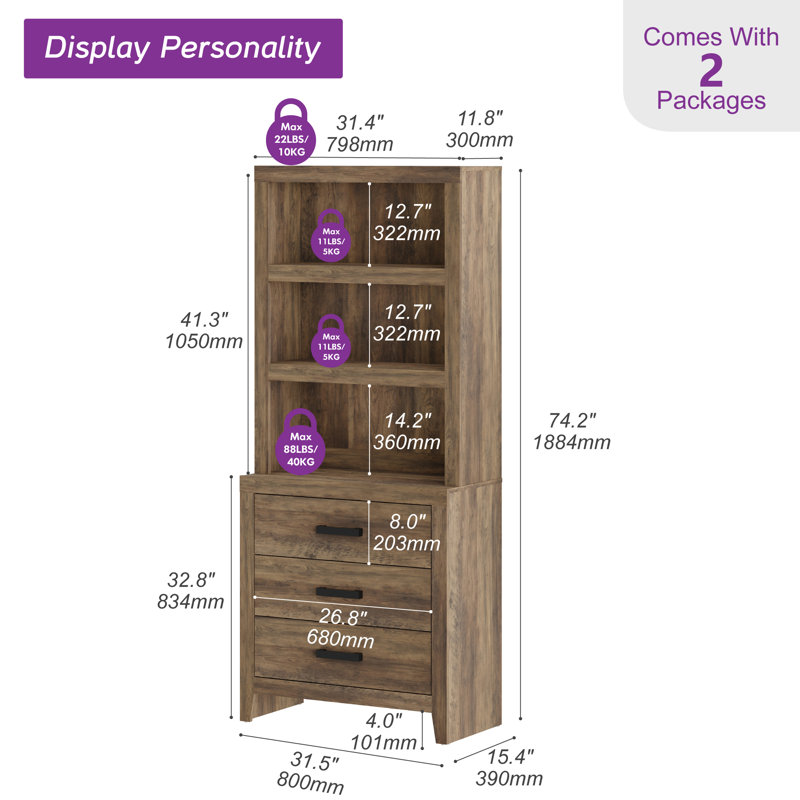 3 Tier Bookshelf With 3 Large Drawer, 74" Tall Modular Bookshelf With Wide Metal Handles, Farmhouse Bookcase Organizer For Living Room, Office, Library, Brown