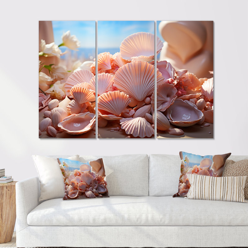 Romantisme, coquillages - ensemble d'art mural coquillage, H 28 po x l 36 po x P 1 po, Toile tendue