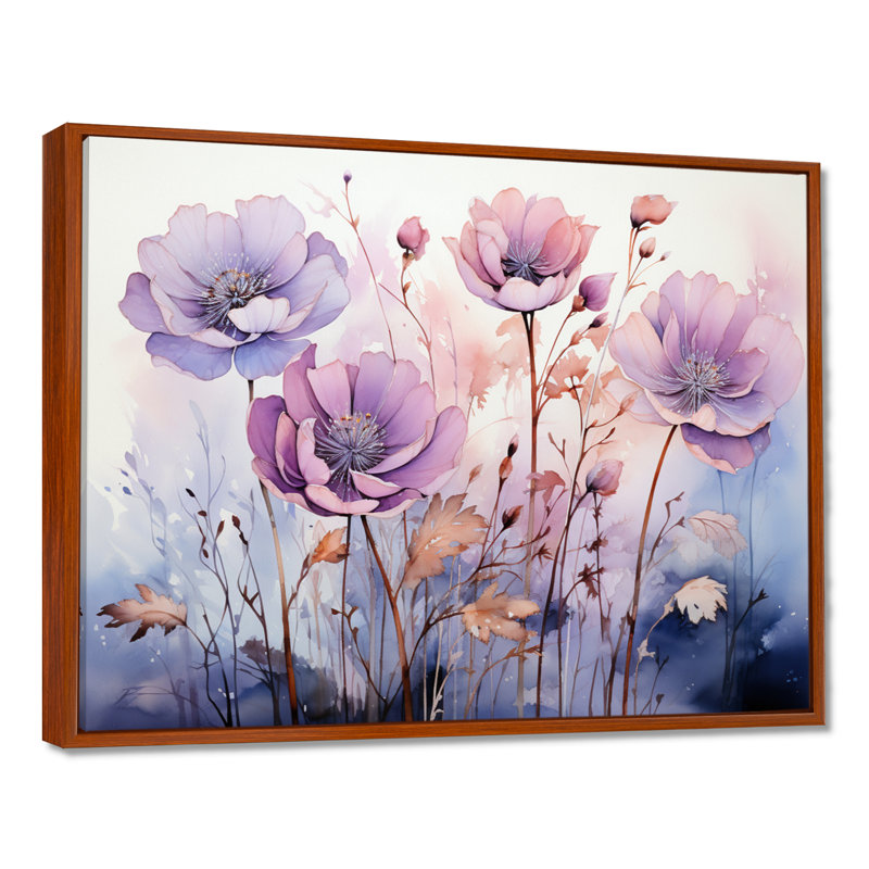 Mauve, fleurs mystiques II - art botanique abstrait, H 24 po x l 32 po x P 1 po, Cadre flottant brun