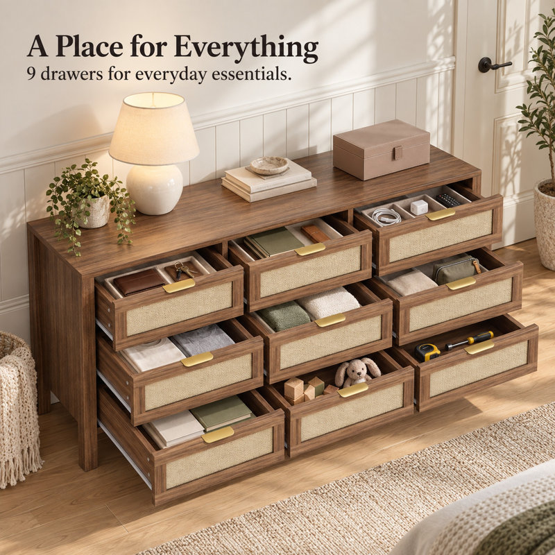57.8" W 9-Drawer Dresser for Bedroom, Rattan Storage Dresser -Brown, 57.8" W, Brown