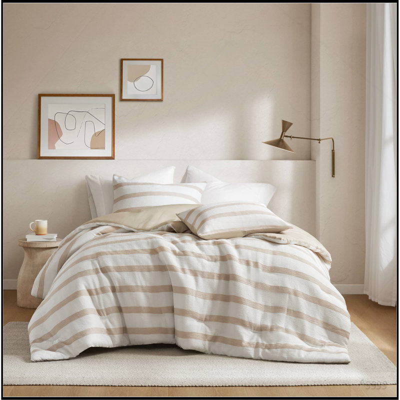 Édredon 3 pièces pour lit double / rayé teint en laine, Taupe rayé