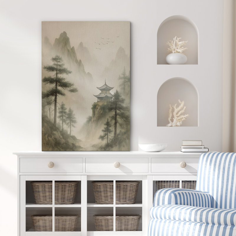 Landscape with Pavilion and Pine Trees - Pictures Framed Canvas Print Wall Art, 48" H x 32" W x 1.5" D, Wrapped Canvas