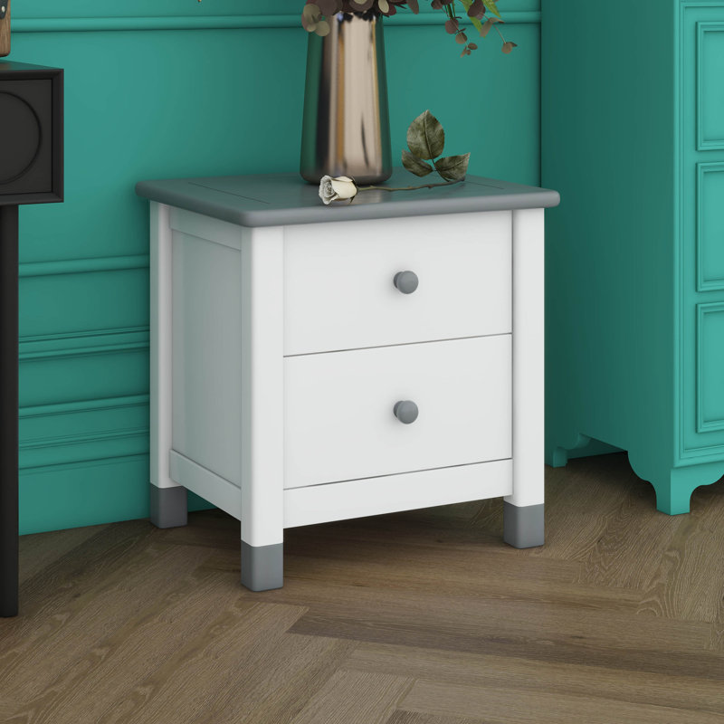 Wooden 2 Drawers Nightstand, Kids Nightstand End Table Sofa Table For Kids' Room Bedroom, White/Grey