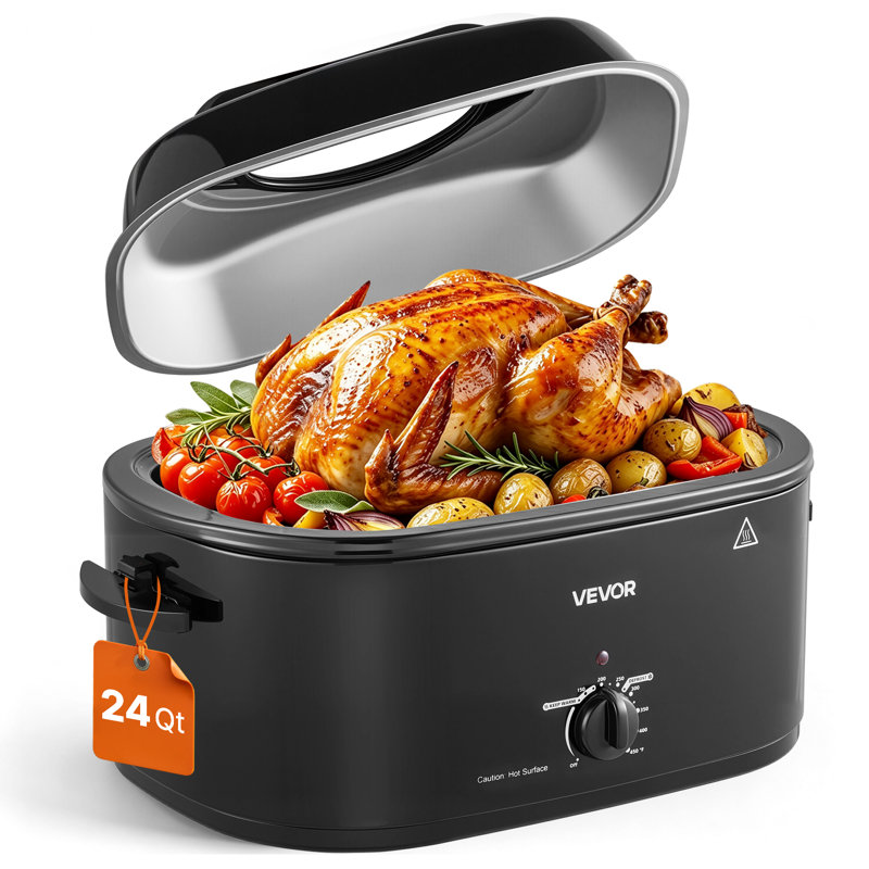 Rôtissoire électrique, 24 pintes, lèchefrite pour dinde, noire, puissance 1450 W, couvercle auto-arrosant avec fenêtre de visualisation, thermostat réglable de 65 à 230 °C, appareil de cuisson de comptoir avec fonctions décongélation et maintien au chaud, lèchefrite et grille amovibles.