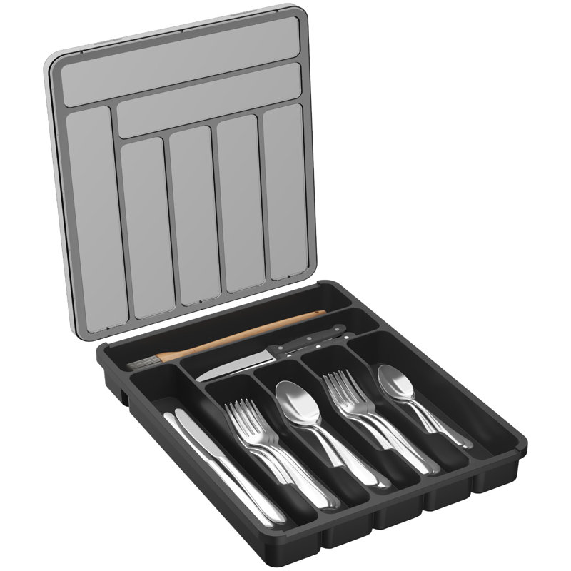 Cutlery Drawer Organiser With Lid, Plastic Small Cutlery Tray For Kitchen Drawer, Utensil Flatware Silverware Holder Divider For Spoons Forks Knives Tableware, 7 Compartment, Black