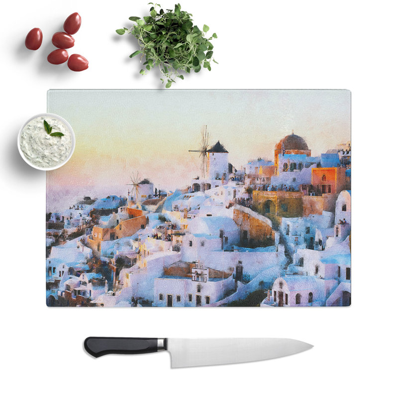 Tempered Glass Oia Santorini Skyline in Greece Chopping Board, 20 cm x 28.5 cm