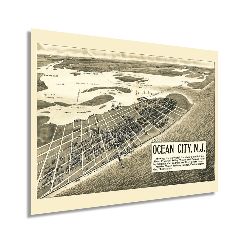 1903, carte d'Ocean City NJ sur papier, H 18 po x l 24 po