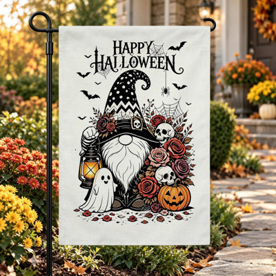 Halloween Welcome Garden Flag ,Double Sided 12x18 Inch Yard Flags,Black red floral gnome