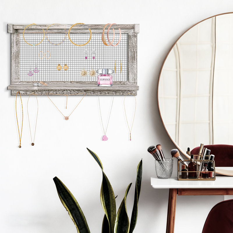 Organisateur de bijoux mural en bois rustique avec panneau en maille, tablette et crochets