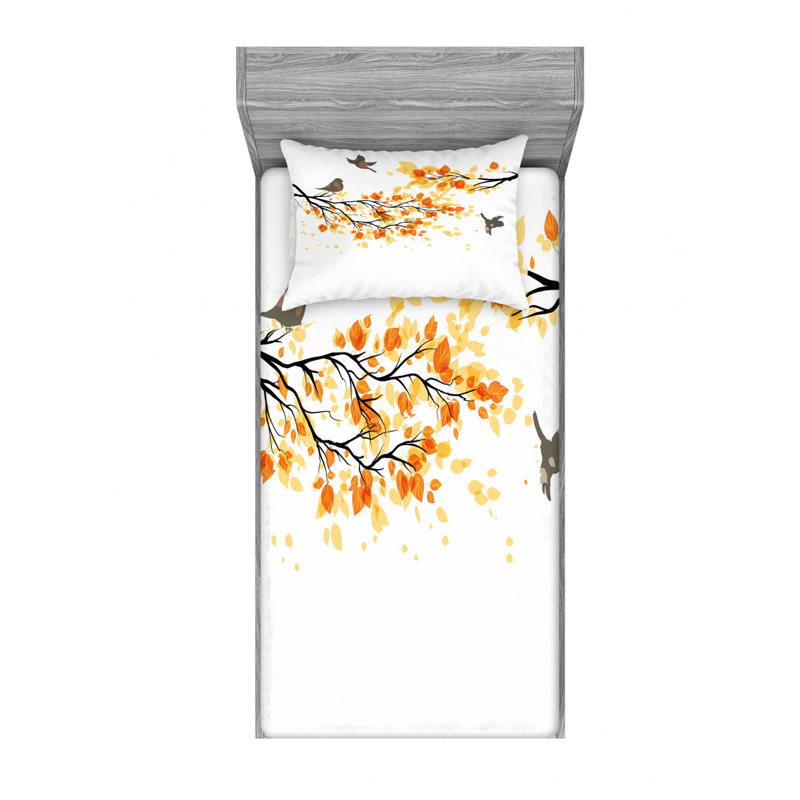 Twin White and Yellow Microfiber Bedding Set with Leaf Print
