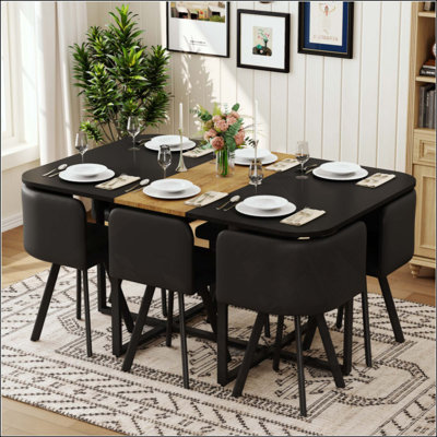 7 Piece Dining Table Set with 6 PU Chairs, Rectangular Kitchen Table (Triamine Board), Modern Dining Room Furniture Set for Small Space, Apartment, Re