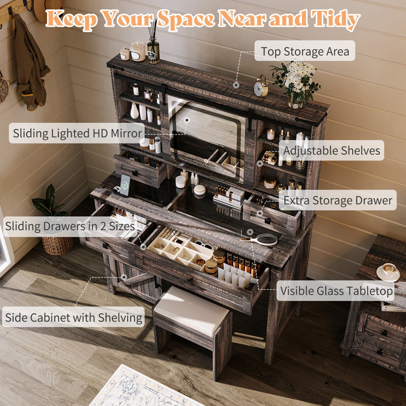 Farmhouse Makeup Vanity Desk with Sliding Mirror, Black