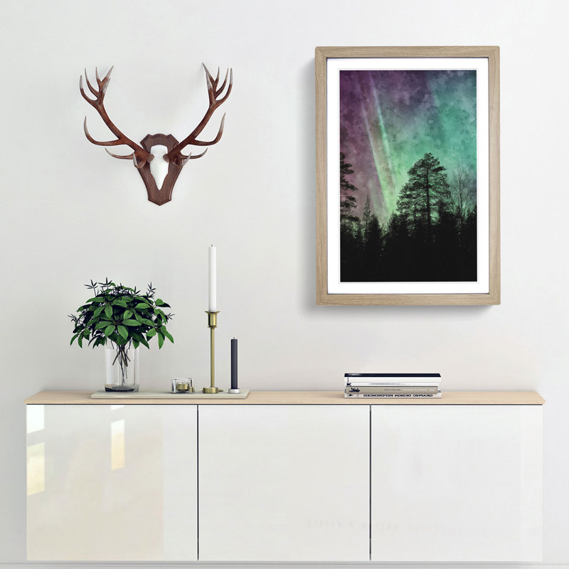 Northern Lights over the Forest - Picture Frame Graphic Art Print, 87cm H x 62cm W x 2cm D, Oak Framed