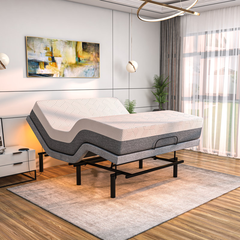 Twin XL Adjustable Upholstered Metal Frame Bed with Hybrid Mattress