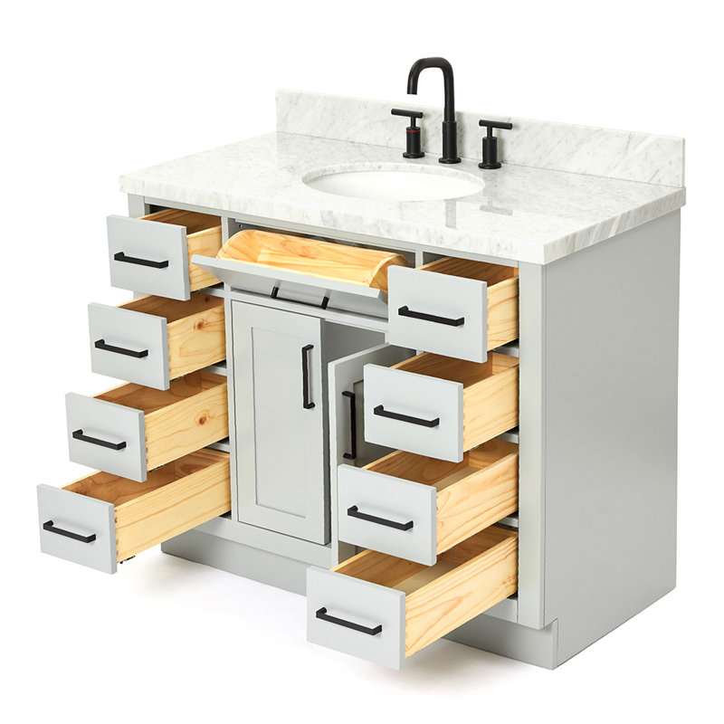 Thornaby 42'' Solid Wood Single Bathroom Vanity with 1.5'' Carrara Marble Top, Grey / Matte Black, Oval
