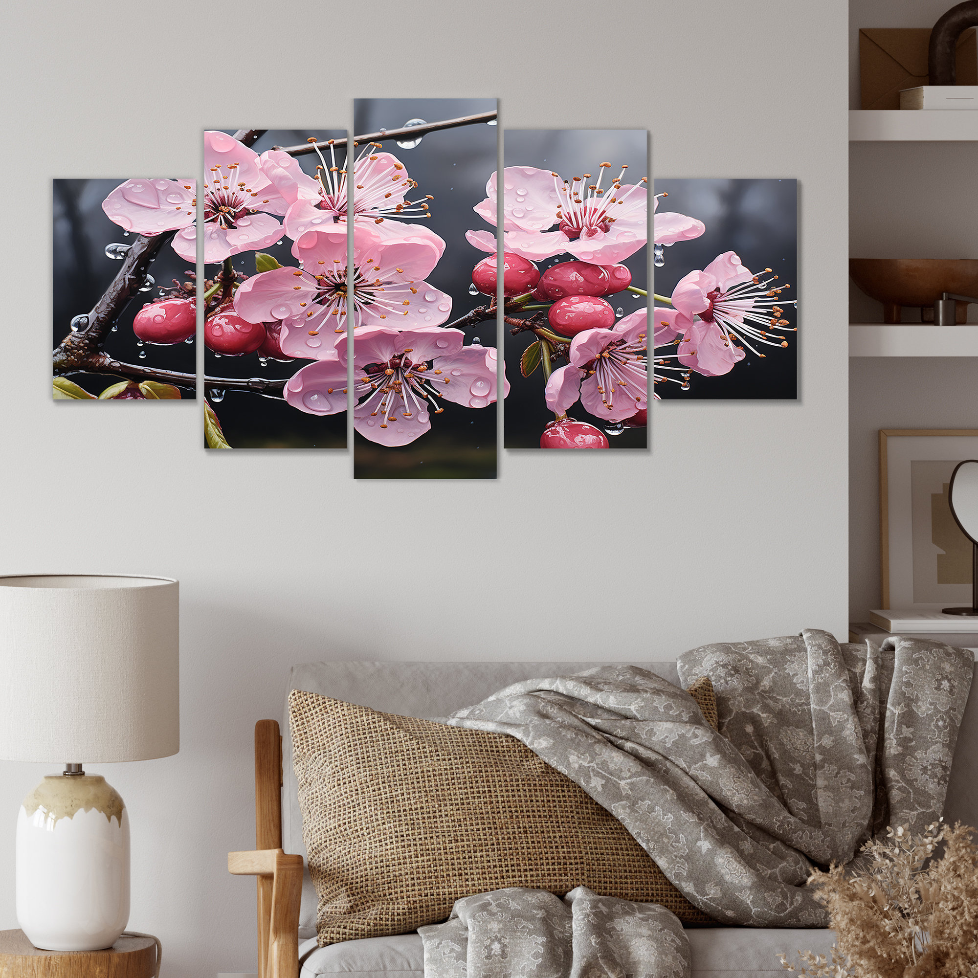 Set of 2 Cherry Blossom Wall Art Panels, Wall Decor for Living Room Dining Room Office Bedroom, 21.5