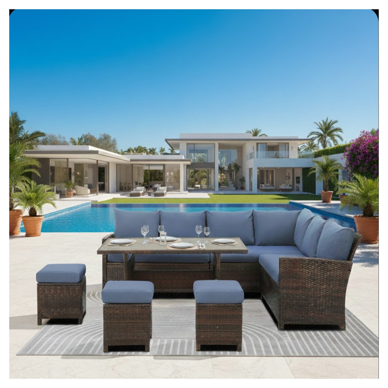 Ensemble de salle à manger d'extérieur en osier bleu et brun avec canapé modulaire 9 places
