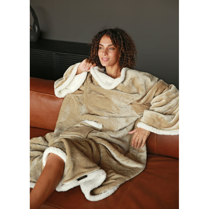 Sherpa Wearable Blanket with Sleeves Arms,Super Warm Large Fleece Plush Wrap Robe Blanket for Adult, Camel, Solid Color