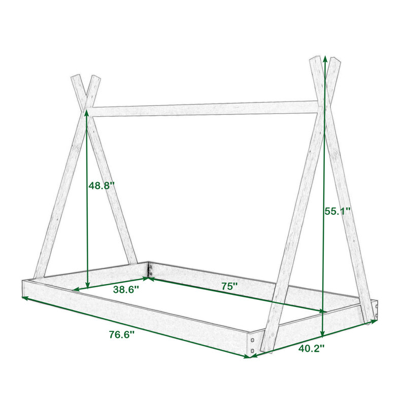 Twin Size Wooden Tent Floor Bed with Triangle Structure, White/Natural