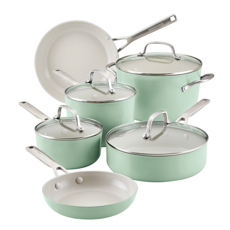 KitchenAid Hard Anodized Ceramic Nonstick Cookware Pots and Pans Set, 10 Piece, Pistachio