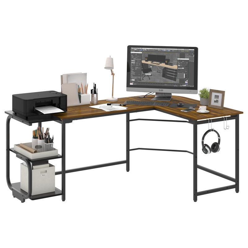Violetrose L-Shaped Metal Base Computer Desk, Teak