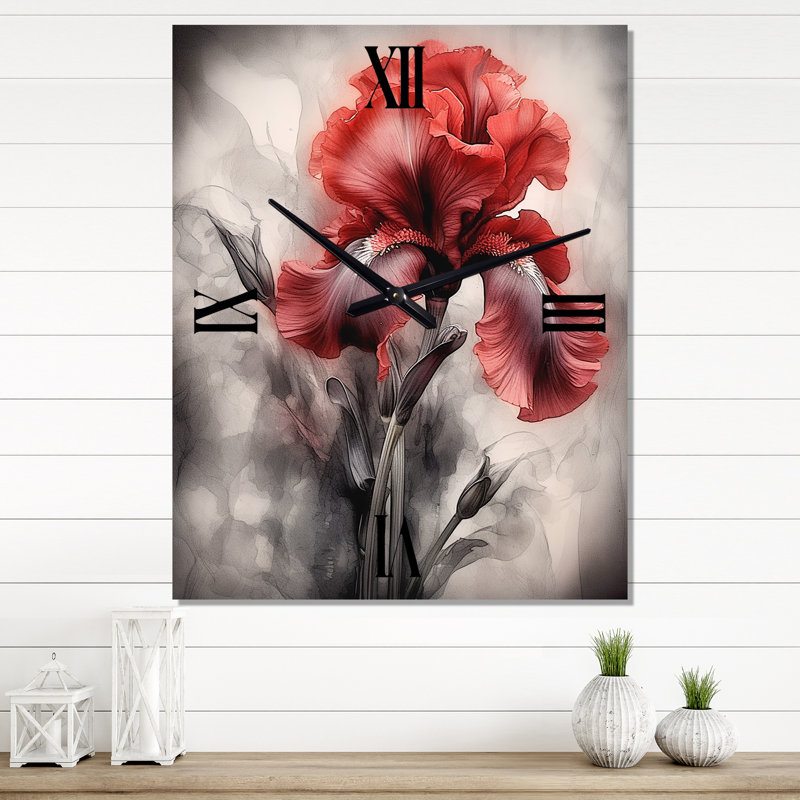 Horloge murale florale rouge et noire Iris Petal II, Grand