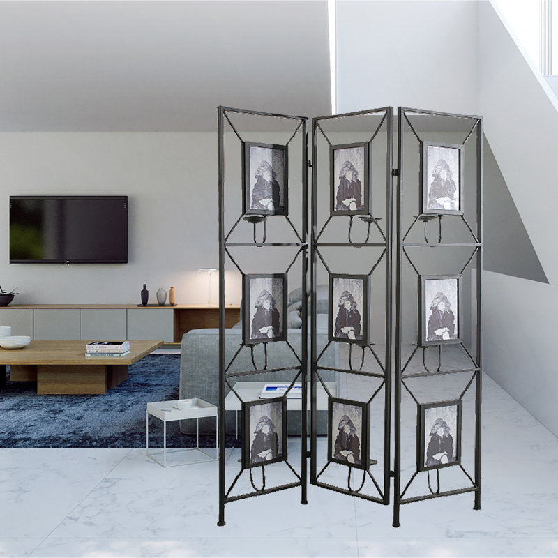 Paravents de 47 po x 71 po avec paravents, écran décoratif à 3 panneaux avec cadres photo, miroir antique, chandelier