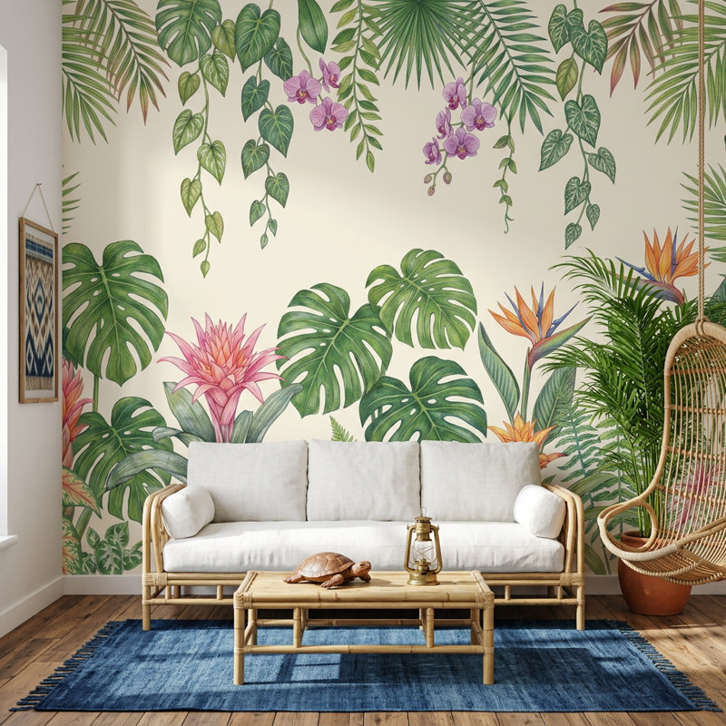 Papier peint botanique tropical, oiseau du paradis, 120 po x 96 po, Peler et coller