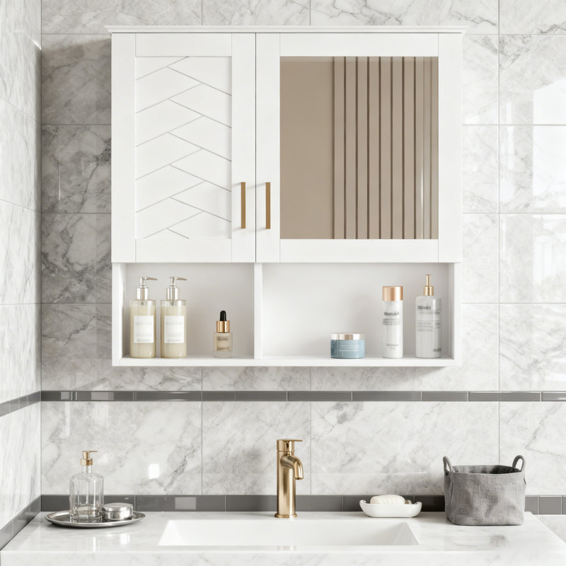Armoire de toilette murale 2 en 1 avec tablettes réglables et portes à fermeture douce, Blanc