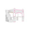 Lit mezzanine en bois pleine grandeur avec escalier de rangement, bureau, fenêtres, tablettes et lumière DEL, blanc et rose clair-267939582