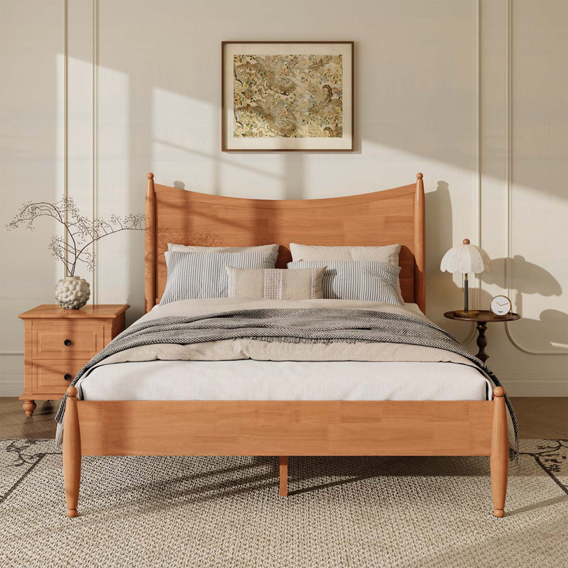 Structure de lit plateforme grand en bois avec tête de lit courbée, pieds en bois d'hévéa, support de lattes, aucun sommier requis