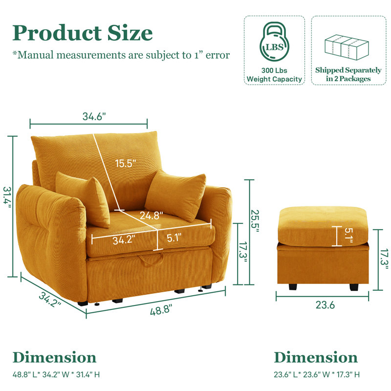 Fauteuil d'appoint moderne en velours côtelé, siège unique avec accoudoirs, Orange Corduroy