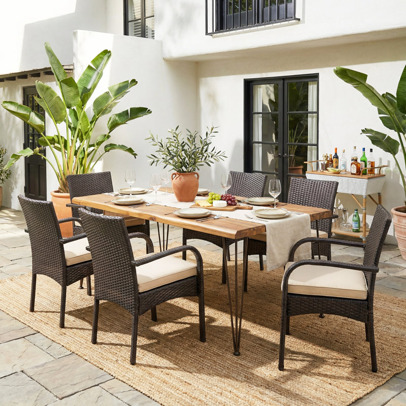 7-Piece Modern Rustic Industrial Acacia Wood And Metal Patio Dining Set With Cushioned PE Wicker Chairs