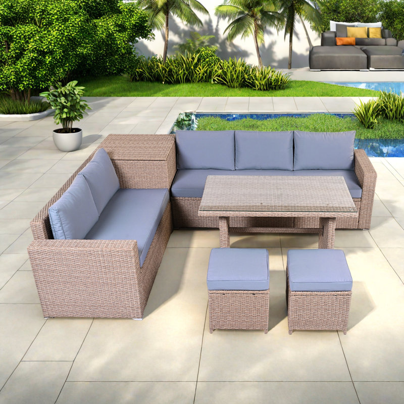 6-piece All Weather Pe Rattan Sofa Set With Adjustable Seat, Storage Box, Removable Covers And Tempered Glass Top Table
