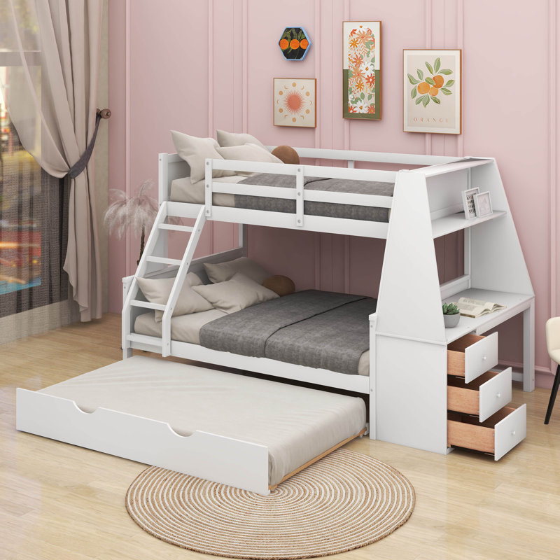 Twin Over Full Bunk Bed With Trundle And Desk, White