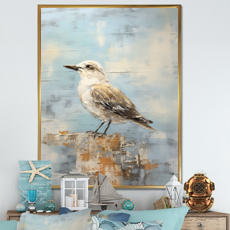 Beige et bleu mouette tranquillité sur toile, H 32 po x l 24 po x P 1 po, Cadre flottant doré