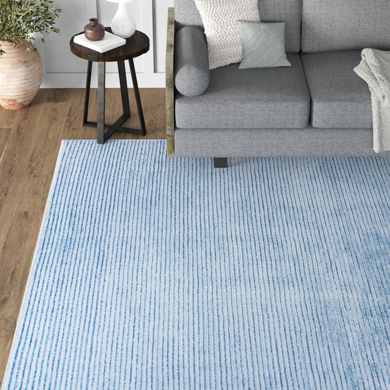 Araceli Machine Washable Stripe Flatweave Performance Blue Area Rug, Rectangle 7'6" x 9'6"
