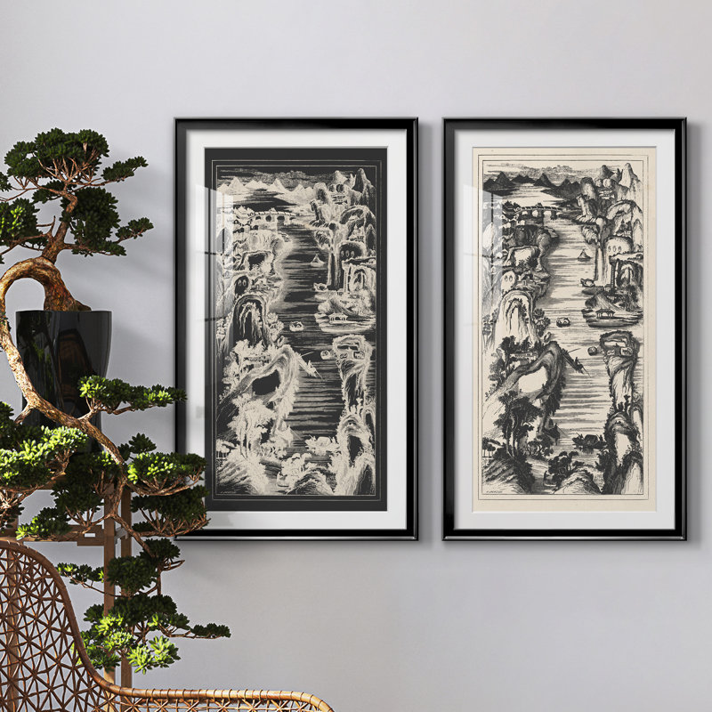 Ensemble de 2 peintures chinoises en porcelaine de Chine, Noir, H 22,5 po x l 85 po x P 1,5 po