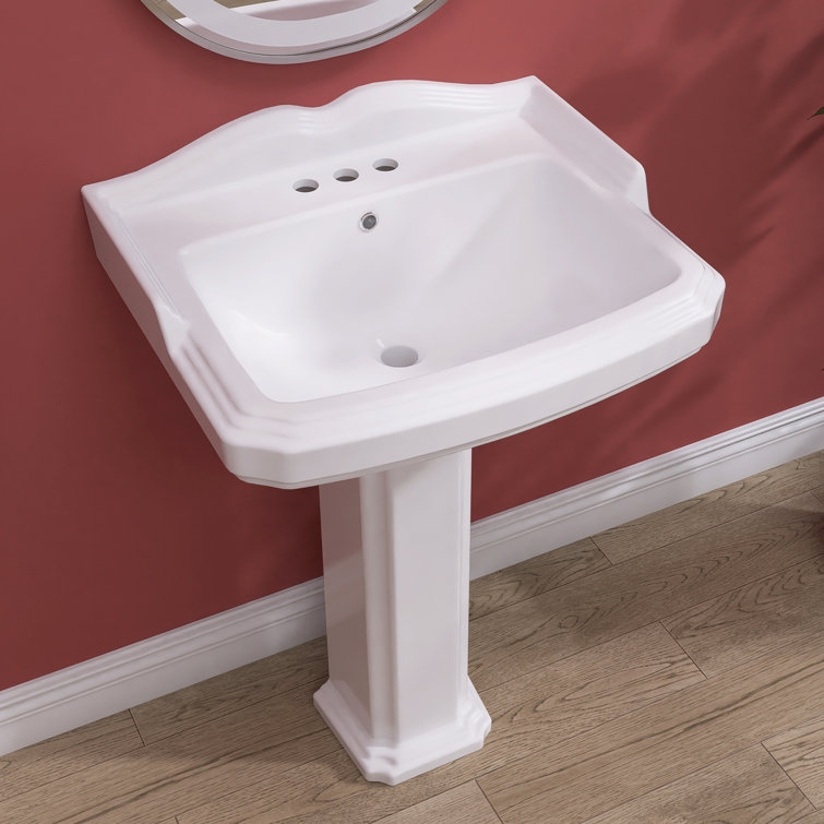 GETPRO 26.75'' Tall White Vitreous China Rectangular Pedestal Bathroom Sink with Overflow