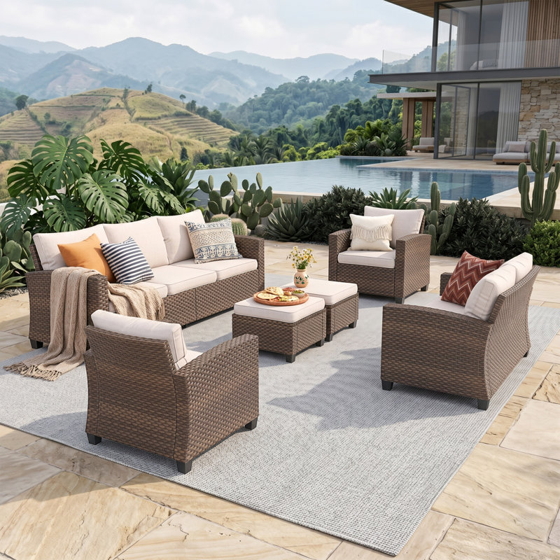 Salem 9 - Person Outdoor Wicker Patio Conversation Furniture Set with Fire Pit Table, No, Beige