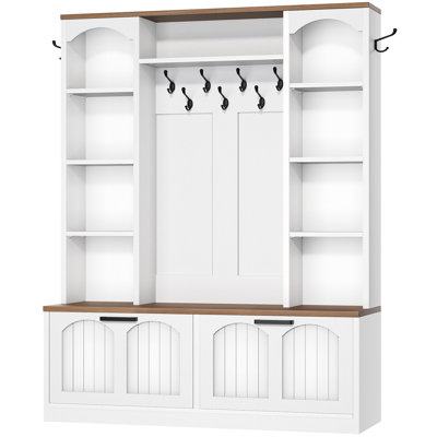 Hall Tree with Bench and Shoe Storage, Entryway Coat Rack with Arched Open Cubbies, Double Flip Shoe Drawers